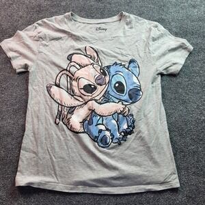 Disney Stitch and Angel Graphic T-Shirt Gray Short Sleeve Top Women's Size S